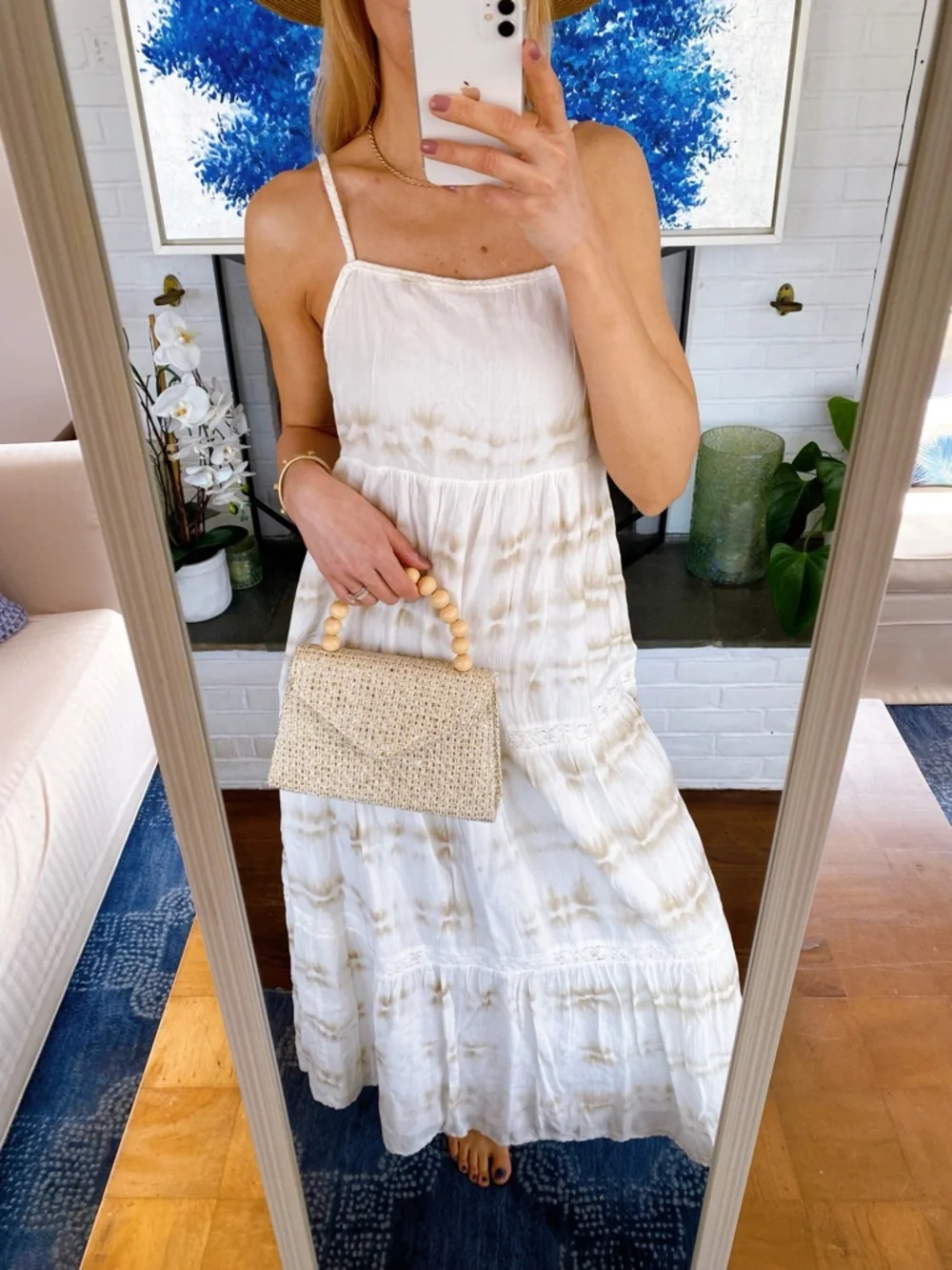 AERIE Off-White Cotton Maxi Dress with Beige Tie-Dye, Rope & Tassel Detail! 🐚 - Picture 8 of 17